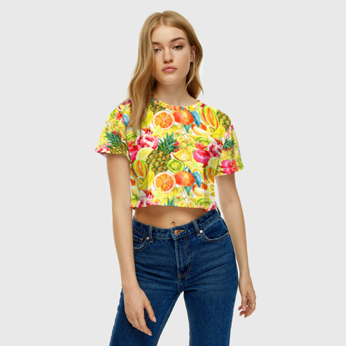 Женская футболка Crop-top 3D Веселые фрукты 1, цвет 3D печать - фото 4