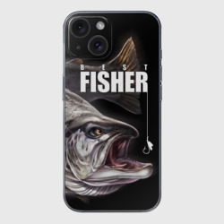 Чехол для iPhone 15 силиконовый с защитой камеры Лучший рыбак - семга