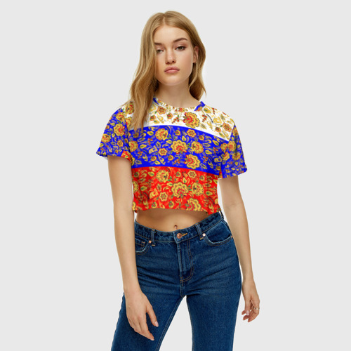 Женская футболка Crop-top 3D Хохлома, цвет 3D печать - фото 3