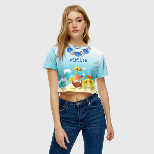 Женская футболка Crop-top 3D Невеста на пляже, цвет 3D печать - фото 3