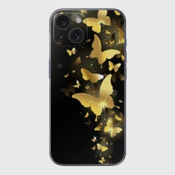 Чехол для iPhone 15 силиконовый с защитой камеры Золотые бабочки