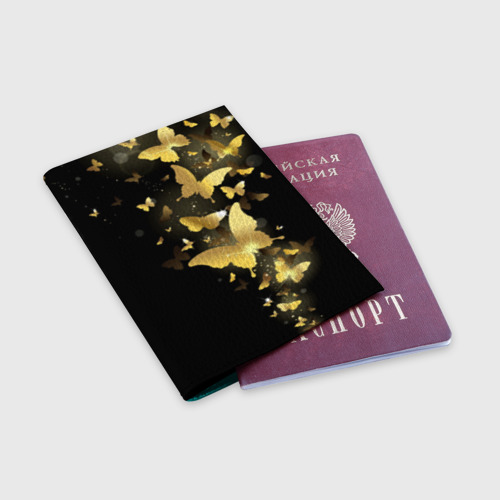 Обложка для паспорта матовая кожа Золотые бабочки, цвет бирюзовый - фото 3