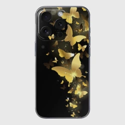 Чехол для iPhone 15 Pro Max силиконовый с защитой камеры Золотые бабочки