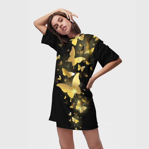 Платье-футболка 3D Золотые бабочки, цвет 3D печать - фото 3