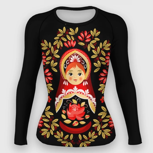 Женский рашгард 3D с принтом Матрешка - хохлома, вид спереди #2
