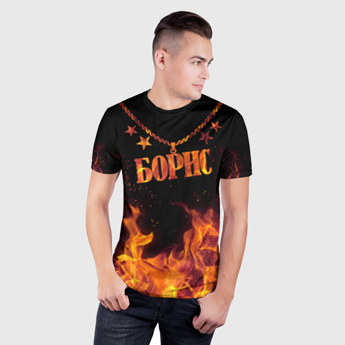 Мужская футболка 3D Slim Борис - кулон на цепи в огне, цвет 3D печать - фото 3