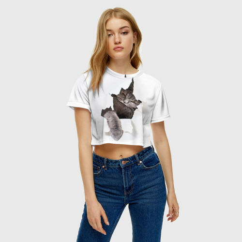 Женская футболка Crop-top 3D Британец кот рвётся наружу, цвет 3D печать - фото 3