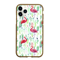 Чехол для iPhone 11 Pro Max матовый Цветы и фламинго 2