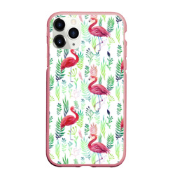 Чехол для iPhone 11 Pro Max матовый Цветы и фламинго 2