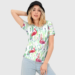 Женская футболка 3D Slim Цветы и фламинго 2 - фото 2