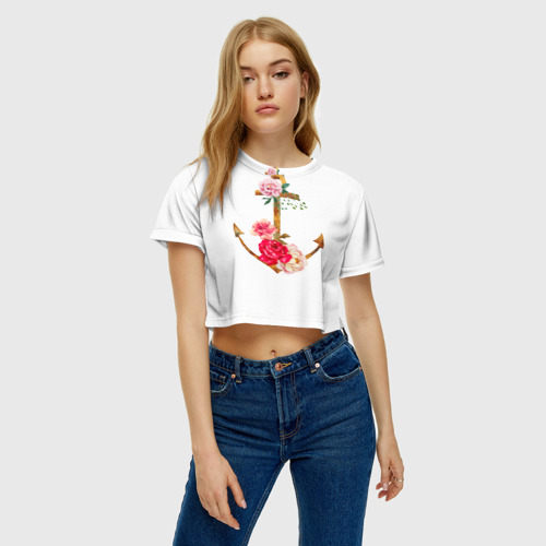 Женская футболка Crop-top 3D Якорь с цветами, цвет 3D печать - фото 3