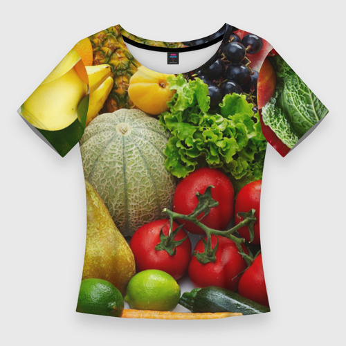 Женская приталенная футболка с принтом Богатый урожай, вид спереди №1