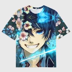 Женская футболка oversize 3D Blue Exorcist flowers
