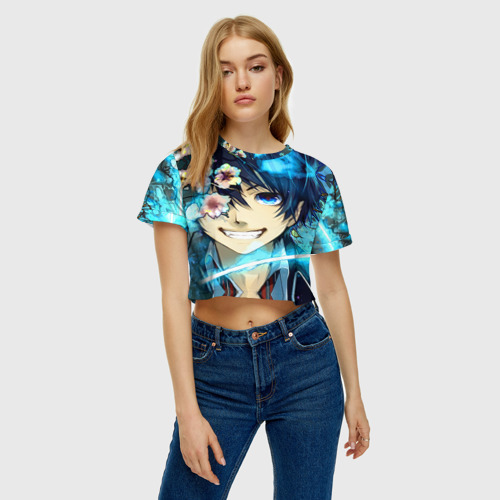 Женская футболка Crop-top 3D Blue Exorcist flowers, цвет 3D печать - фото 3