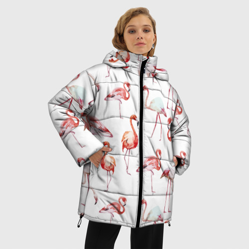 Женская зимняя куртка Oversize Узор из фламинго, цвет черный - фото 3