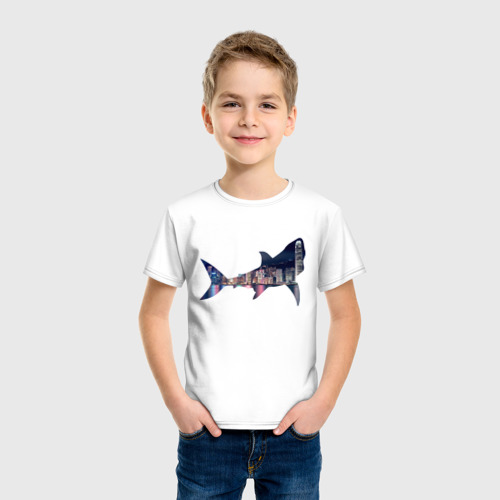 Детская футболка хлопок акула город, цвет белый - фото 3