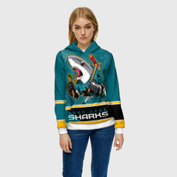 Толстовка с принтом San Jose Sharks для женщины, вид на модели спереди №2. Цвет основы: белый