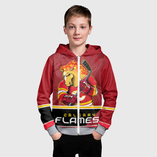Детская толстовка 3D на молнии с принтом Calgary Flames, фото на моделе #1