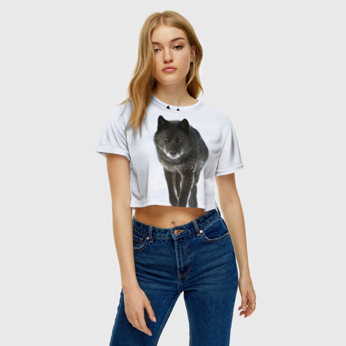 Женская футболка Crop-top 3D Черный волк, цвет 3D печать - фото 4
