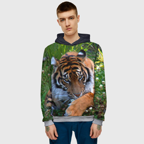 Мужская толстовка 3D Скромный тигр, цвет меланж - фото 3