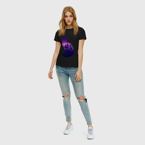 Женская футболка хлопок Кошка город, цвет черный - фото 5