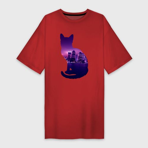 Платье-футболка из хлопка с принтом Кошка город, вид спереди №1