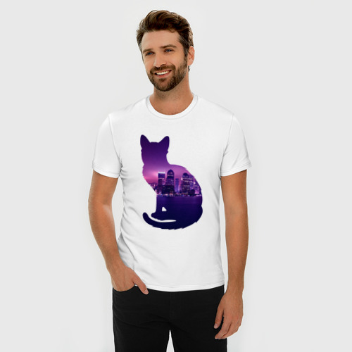 Мужская футболка хлопок Slim Кошка город, цвет белый - фото 3
