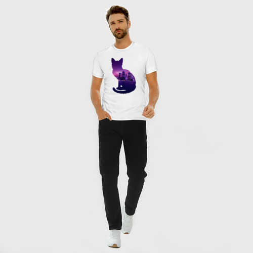 Мужская футболка хлопок Slim Кошка город, цвет белый - фото 5