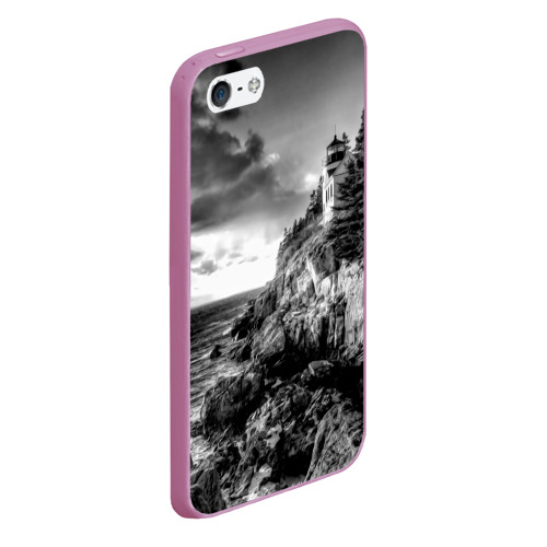 Чехол для iPhone 5/5S матовый Маяк на утёсе на закате черно-белый, цвет розовый - фото 3