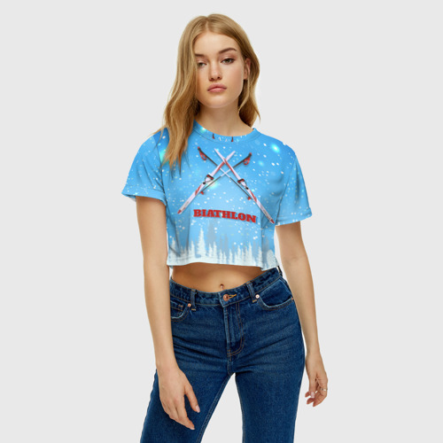 Женская футболка Crop-top 3D Биатлон. Зима, цвет 3D печать - фото 3