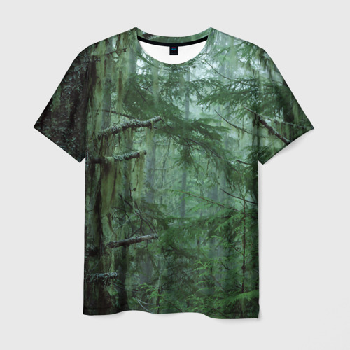 Мужская футболка с принтом Дремучий еловый лес, вид спереди №1