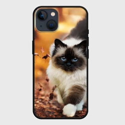 Чехол для iPhone 14 Котик в листьях