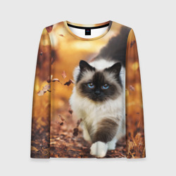 Женский лонгслив 3D Котик в листьях