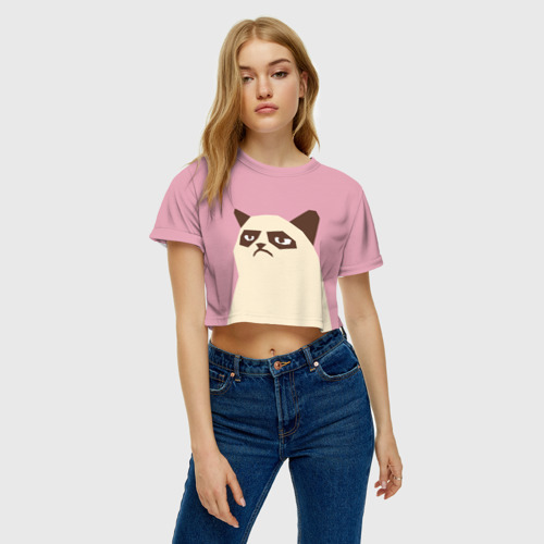 Женская футболка Crop-top 3D Grumpy cat pink, цвет 3D печать - фото 3