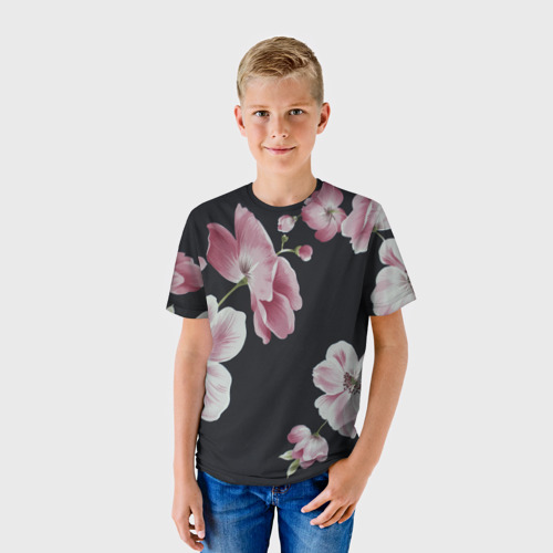Детская футболка 3D Цветы на черном фоне, цвет 3D печать - фото 3