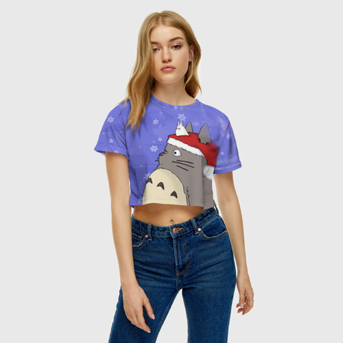 Женская футболка Crop-top 3D Тоторо и снег, цвет 3D печать - фото 4