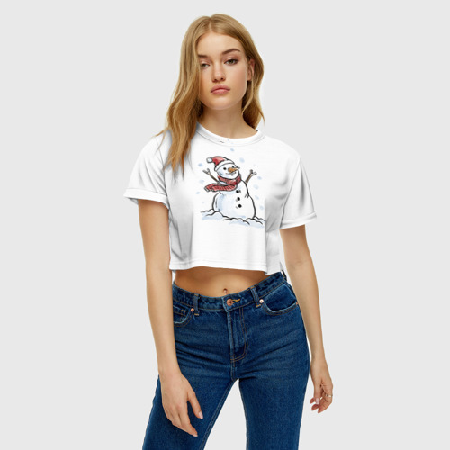 Женская футболка Crop-top 3D Снеговик, цвет 3D печать - фото 3