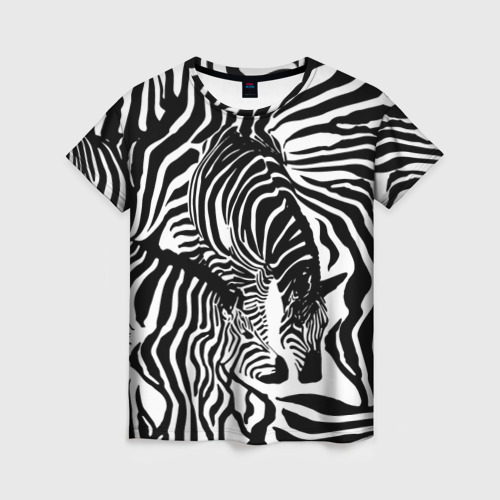 Женская футболка 3D с принтом Зебра черно-белая графика, вид спереди #2