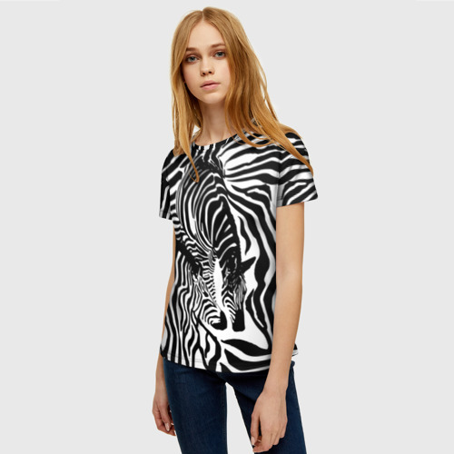 Женская футболка 3D с принтом Зебра черно-белая графика, фото на моделе #1