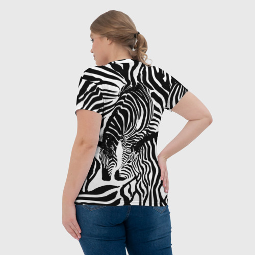 Женская футболка 3D с принтом Зебра черно-белая графика, вид сзади #2