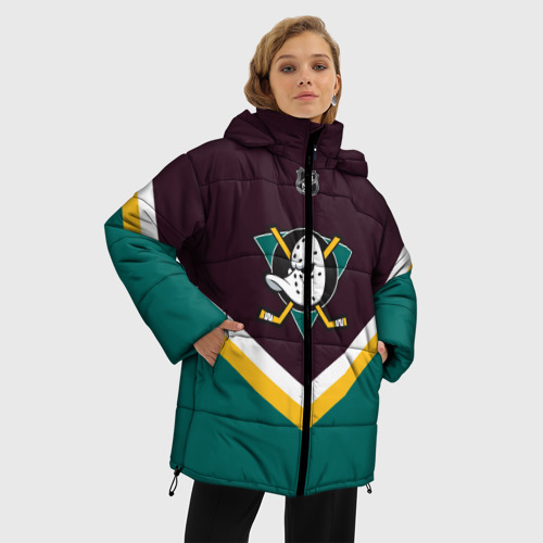 Женская зимняя куртка 3D с принтом Anaheim Ducks, фото на моделе #1