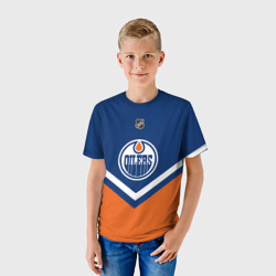 Футболка с принтом Edmonton Oilers для ребенка, вид на модели спереди №2. Цвет основы: белый