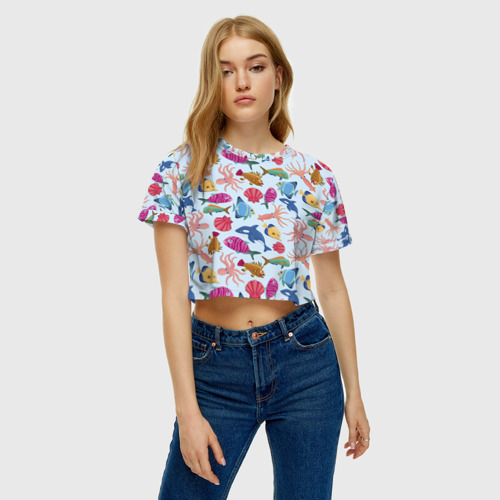 Женская футболка Crop-top 3D Морские обитатели, цвет 3D печать - фото 3