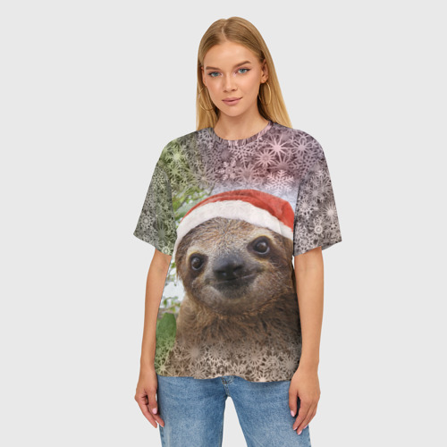 Женская футболка oversize 3D Рождественский ленивец, цвет 3D печать - фото 3