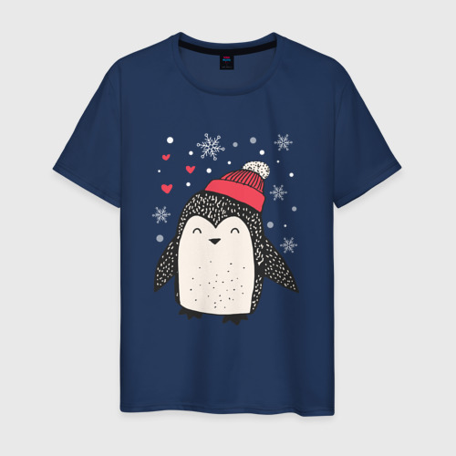 Мужская футболка хлопок Пингвин в шапке, цвет темно-синий