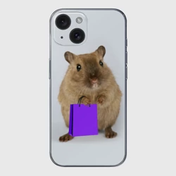 Чехол для iPhone 15 силиконовый с защитой камеры Хомяк с сумкой
