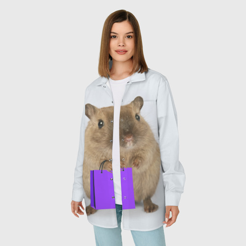 Женская рубашка oversize 3D с принтом Хомяк с сумкой, фото на моделе #1