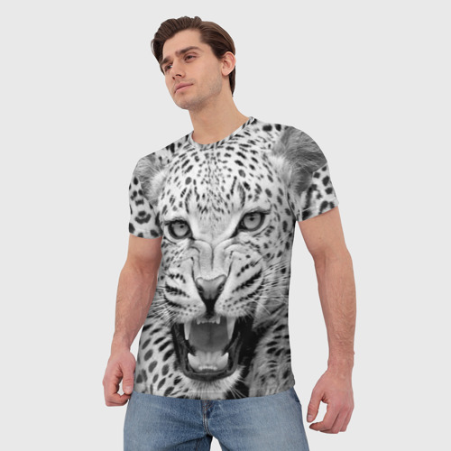 Мужская футболка 3D Леопард черно-белый портрет, цвет 3D печать - фото 3