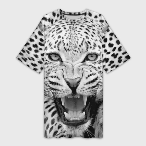 Платье-футболка с принтом Леопард черно-белый портрет, вид спереди №1