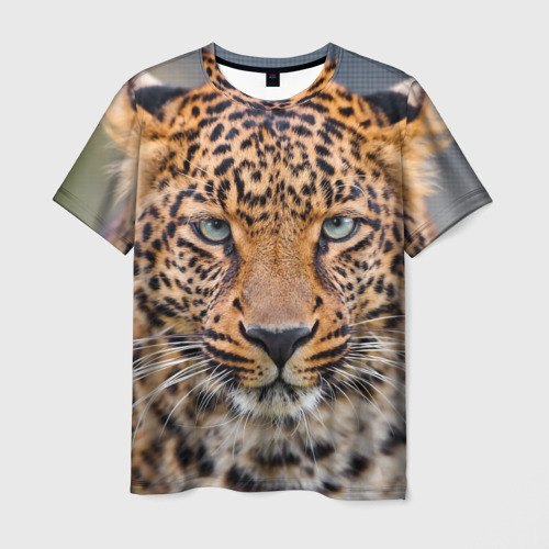 Мужская футболка с принтом Леопард суровый, вид спереди №1